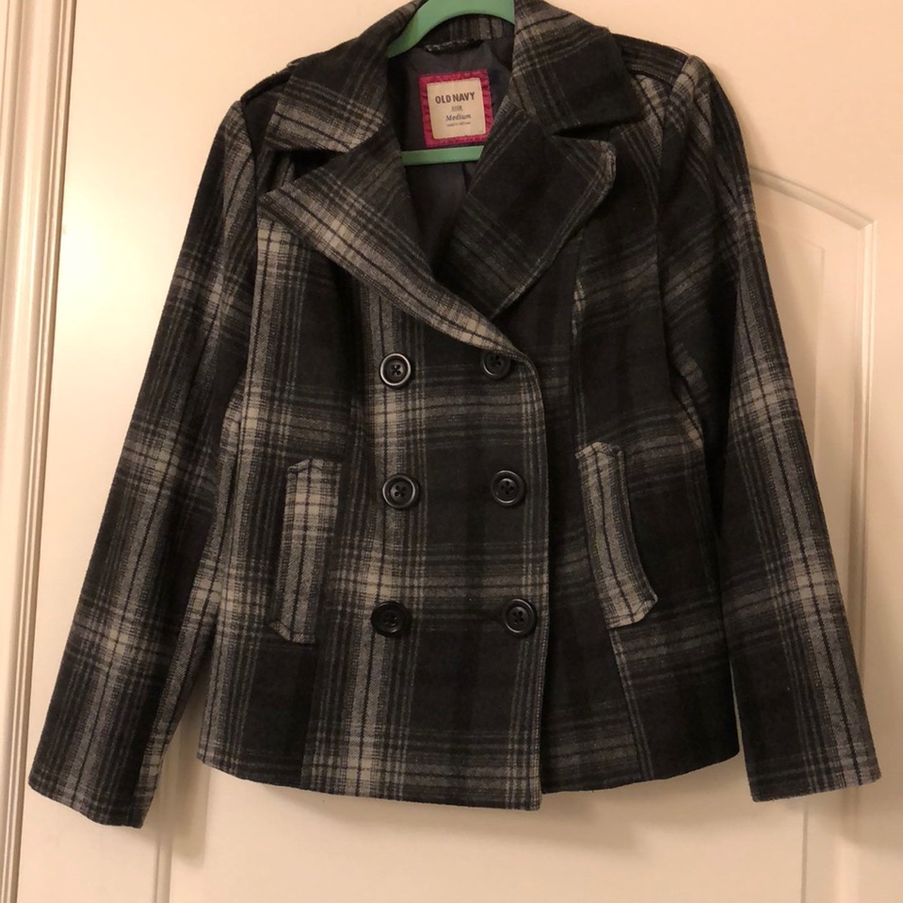 Plaid wool pea coat